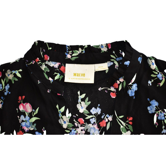 A6 NEW MAEVE BY ANTHROPOLOGIE Black Floral Print Aveiro Flutter Sleeve Top Sz M - Picture 5 of 7